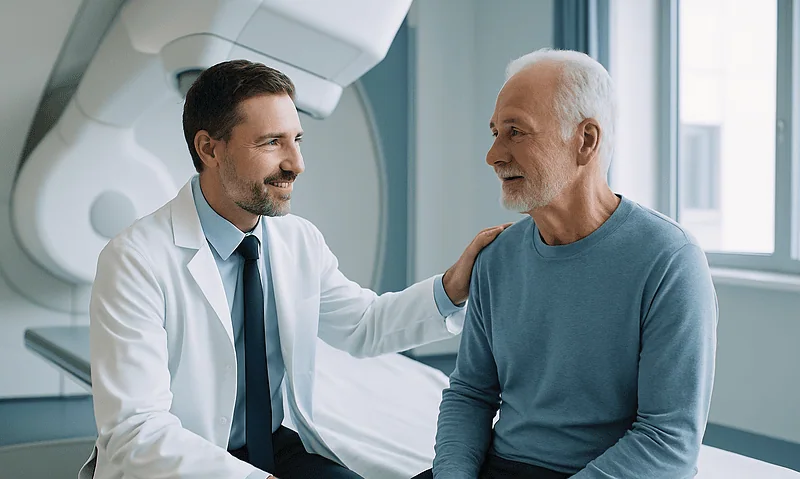 Doctor consulting with elderly patient in hospital room.
