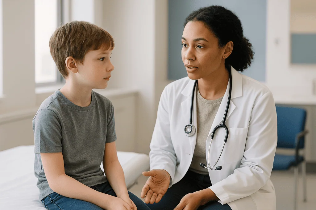 Female pediatrician consulting young boy patient: Proton therapy for children and younger patients