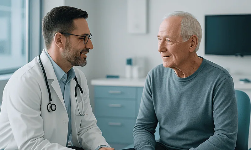 Doctor consulting with elderly patient in a medical office.