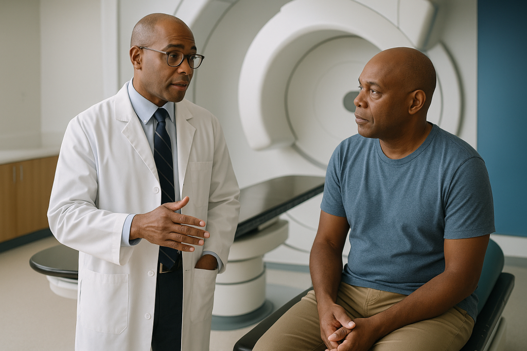 Doctor consulting patient in medical facility with MRI machine: Proton therapy vs photon radiation at a glance