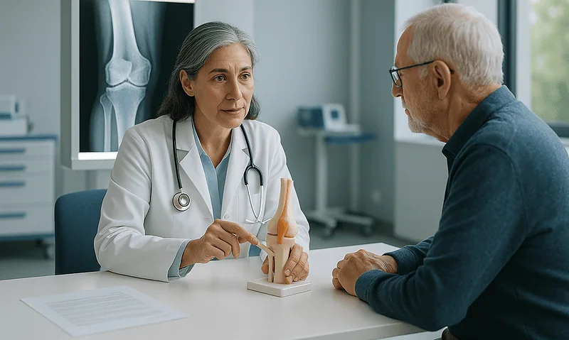 Orthopedic consultation at Acibadem Hospital with knee model and X-ray.