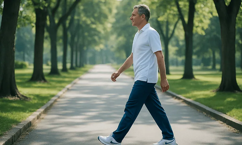 Man walking in a park on a sunny day after knee surgery recovery.