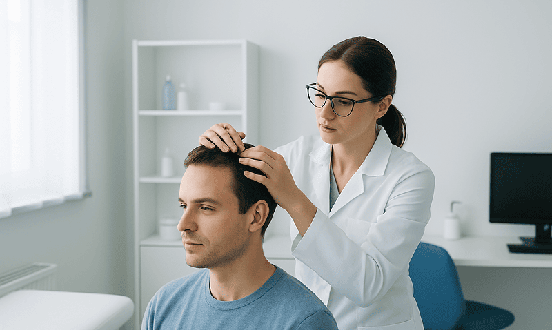 Doctor examining patient's scalp in a medical clinic setting.