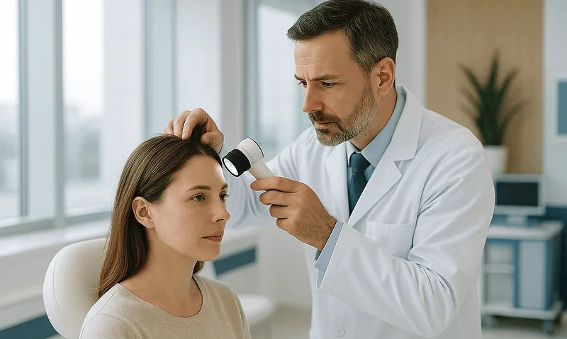 Doctor examining woman's scalp with dermatoscope in clinic.