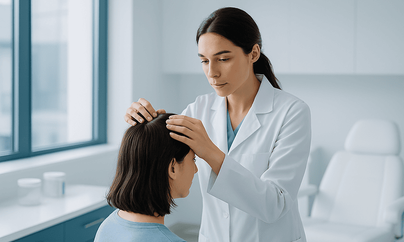 Doctor examining patient's scalp for hair loss treatment side effects.