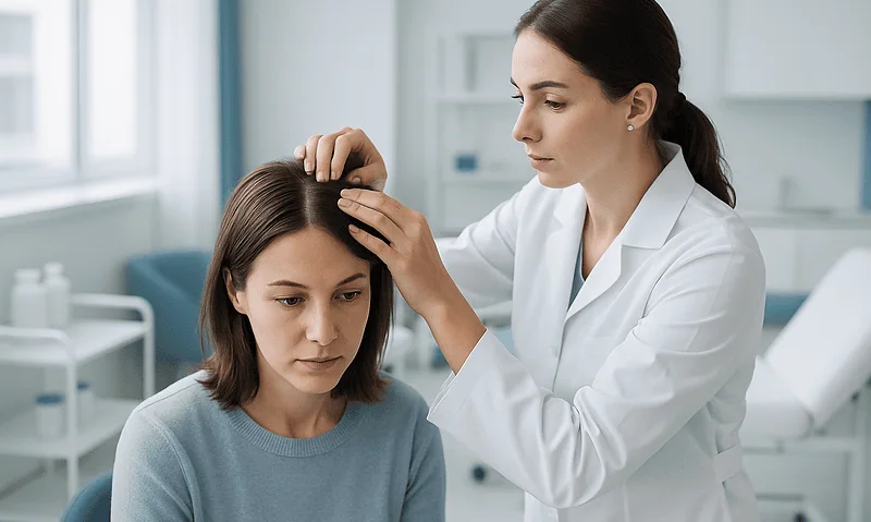 Doctor examining patient's scalp for hair loss treatment at clinic.