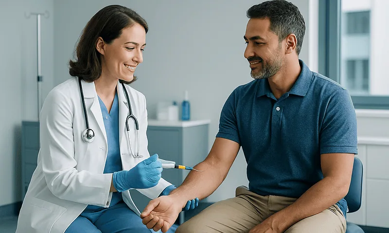 Doctor administering PRP injection to patient in clinic setting.