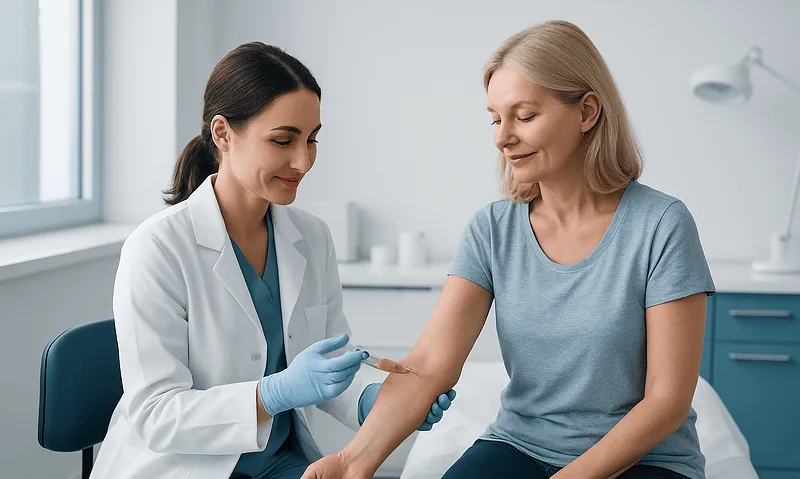 Doctor administering PRP injection to a patient in a clinical setting.