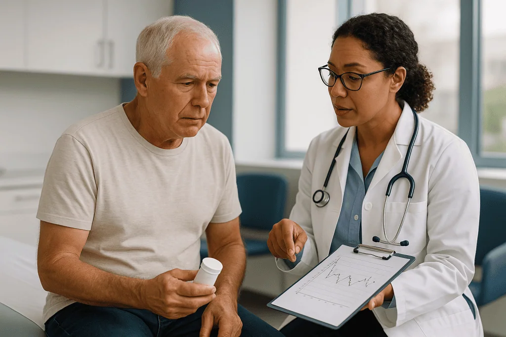 Doctor consulting senior male patient about medical results: PSA persistence after prostatectomy: when the level never reach
