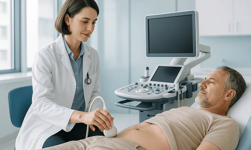 Doctor performing a PSA test on a male patient in a hospital room.