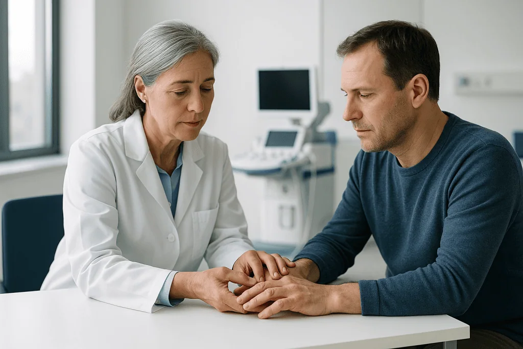 Pseudogout 1 Doctor examining a patient's hand in a medical consultation room.