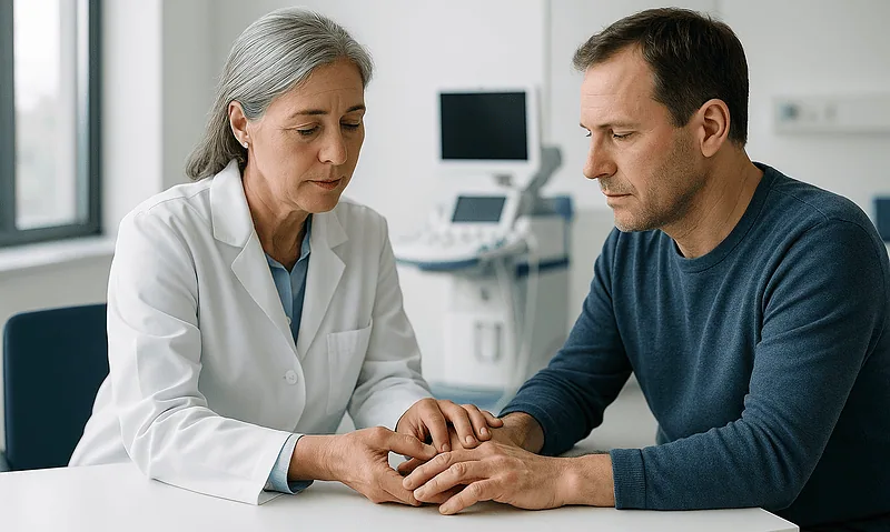 Doctor examining a patient's hand in a medical consultation room.
