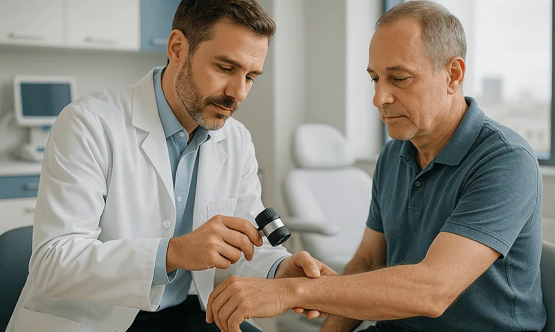 Dermatologist examining patient's skin with a magnifying glass in a clinic setting.