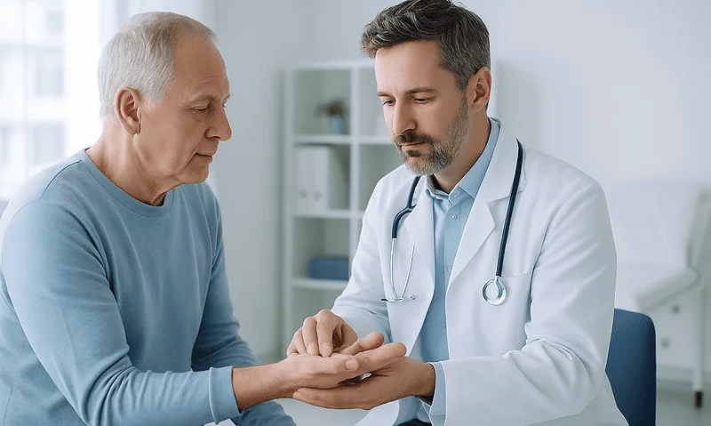 Doctor examining elderly patient's hand for joint pain assessment.