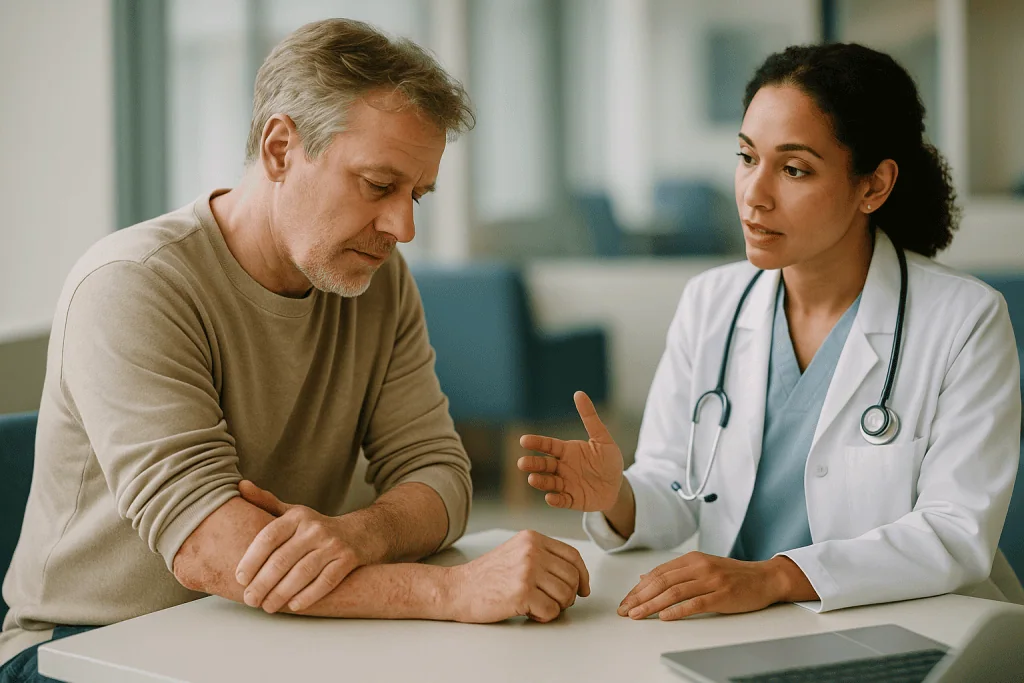 Doctor consulting with middle-aged male patient at desk: Psoriasis joint pain: how a skin condition reaches a tendon