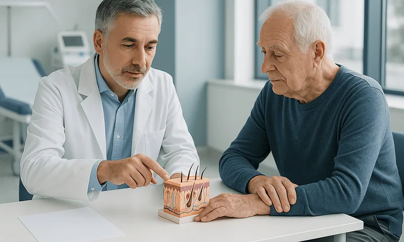 Doctor explaining skin model to elderly patient in a medical consultation.