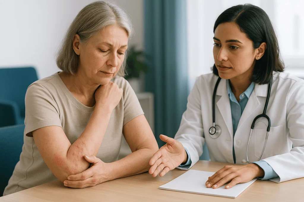 Doctor examining patient's arm for skin and joint conditions: Psoriatic arthritis early signs that are easy to miss
