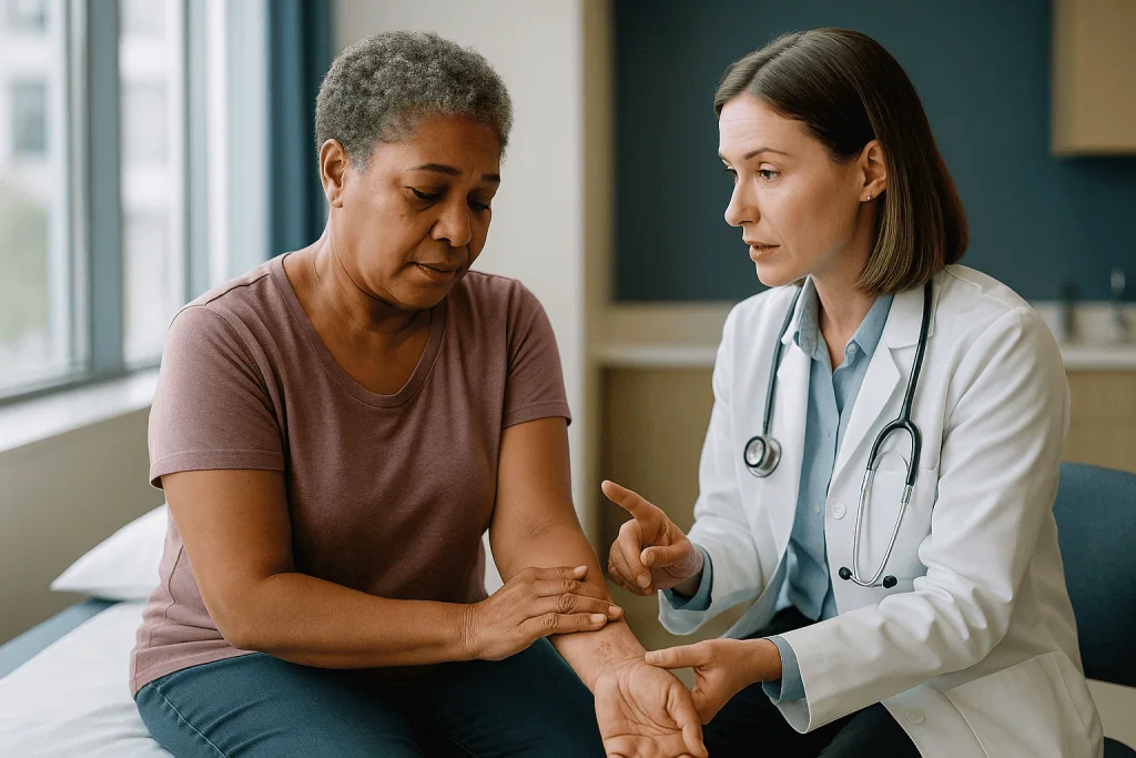 Doctor examining patient's arm or hand during consultation: Psoriatic arthritis flare vs infection: how to tell them apart