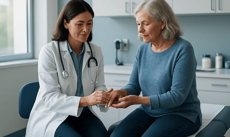 Doctor examining elderly woman's hand in a medical consultation room.