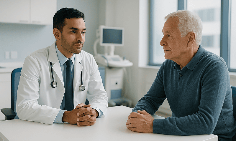 Doctor consulting with an elderly patient in a medical office.