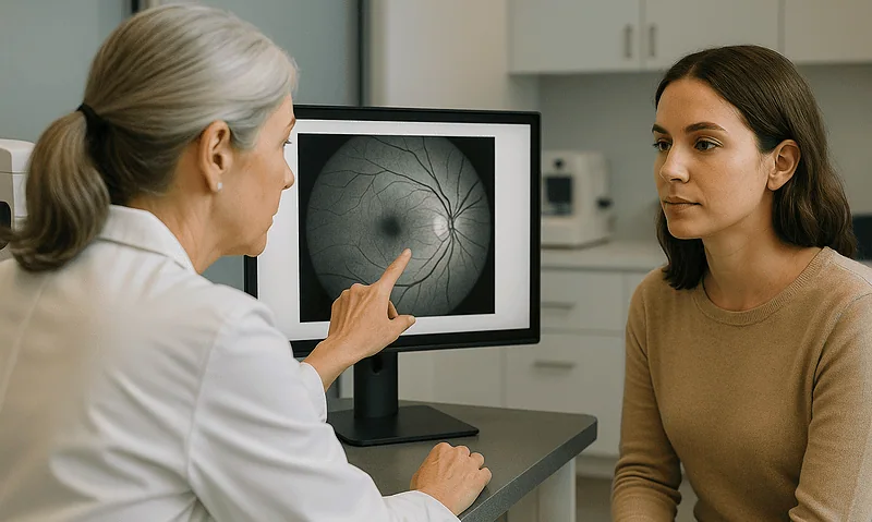 Ophthalmologist explains retinal scan to patient in clinic.