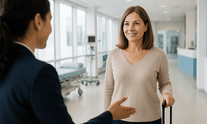 Smiling woman with luggage talking to a hospital staff member in a modern hospital lobby.