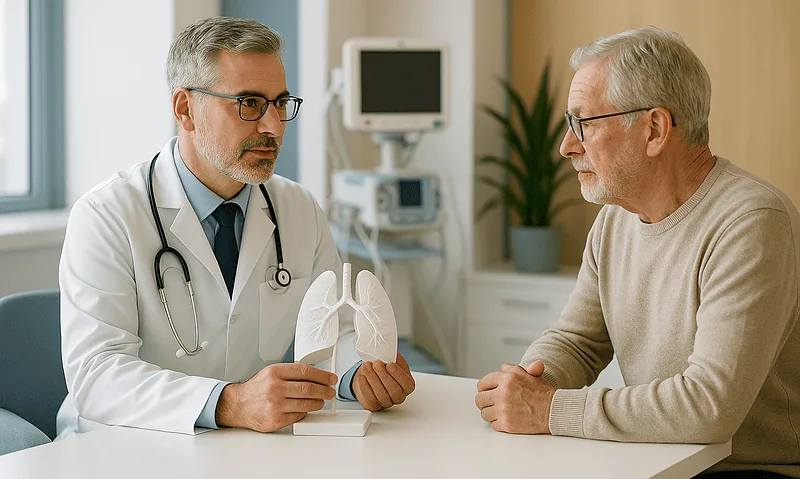 Doctor explaining lung model to senior patient in a hospital consultation room.