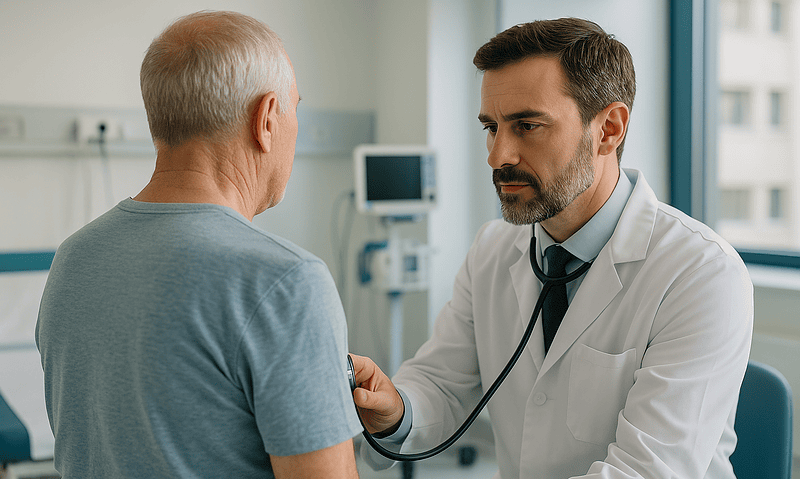 Doctor examining an elderly male patient in a hospital setting.