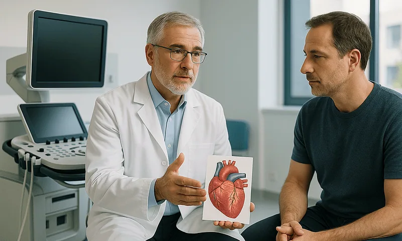 Doctor explaining heart health to patient with heart model in clinic.