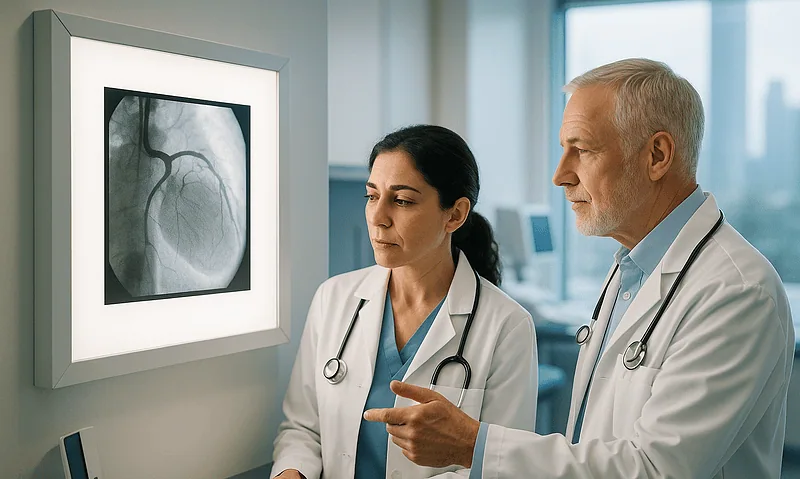 Doctors examining a heart X-ray in a hospital setting.
