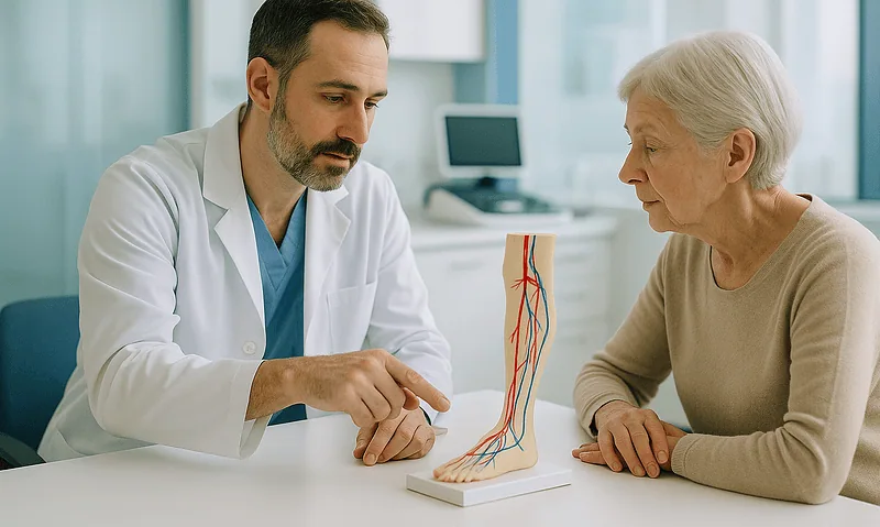Doctor explaining pulmonary embolism to elderly woman with anatomical model.