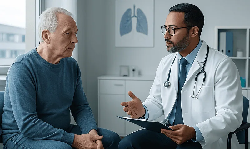 Doctor consulting with elderly patient in medical office with lung diagram.