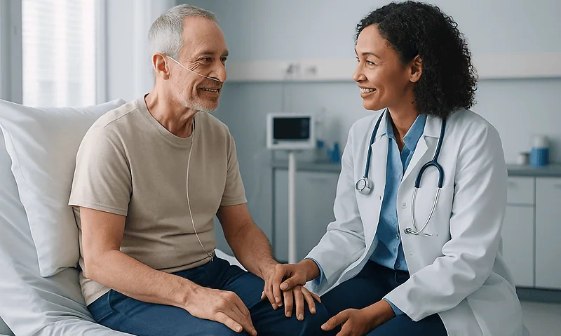 Doctor and patient smiling during consultation at Acibadem Hospital.