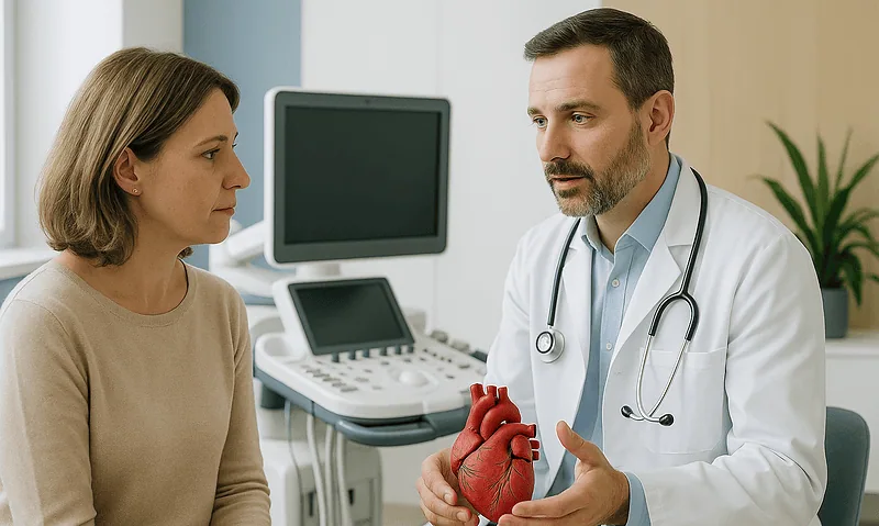 Doctor explaining pulmonary embolism to a patient in a hospital setting.