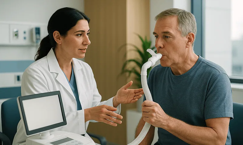 Doctor performing pulmonary function test on patient in hospital.