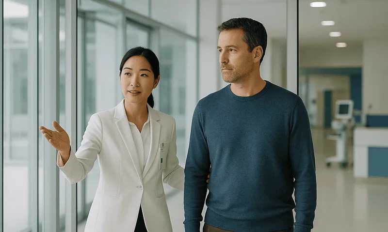 Doctor explaining pulmonary test procedures to a patient in hospital corridor.