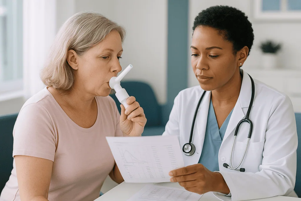 Doctor consulting patient with spirometry report: Pulmonary function test results explained: the numbers on the page