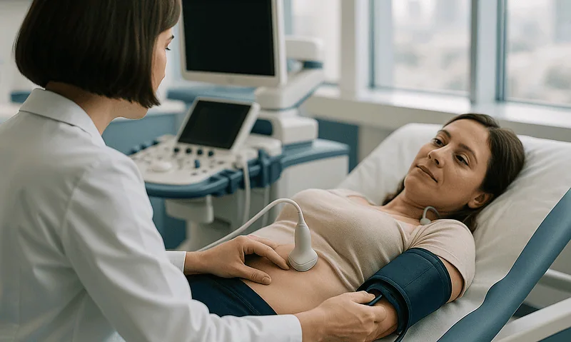 Doctor performing an ultrasound on a patient in a hospital room.