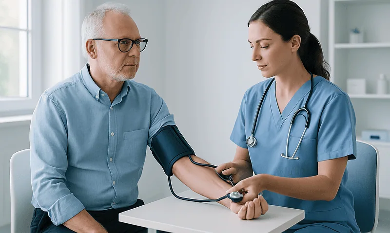 Doctor measuring blood pressure of senior male patient in clinic.