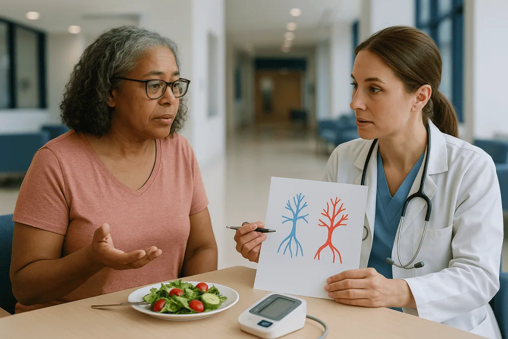 Doctor consulting patient with lung diagram illustration — Pulmonary hypertension vs high blood pressure: two circulations, t