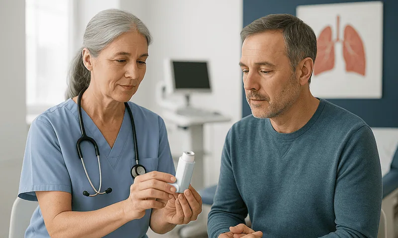 Doctor explaining medication to a male patient in a hospital setting.