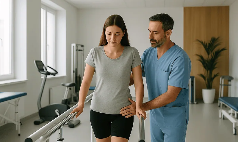Physical therapist assisting a woman during pulmonary rehabilitation exercises at Acibadem Hospital.