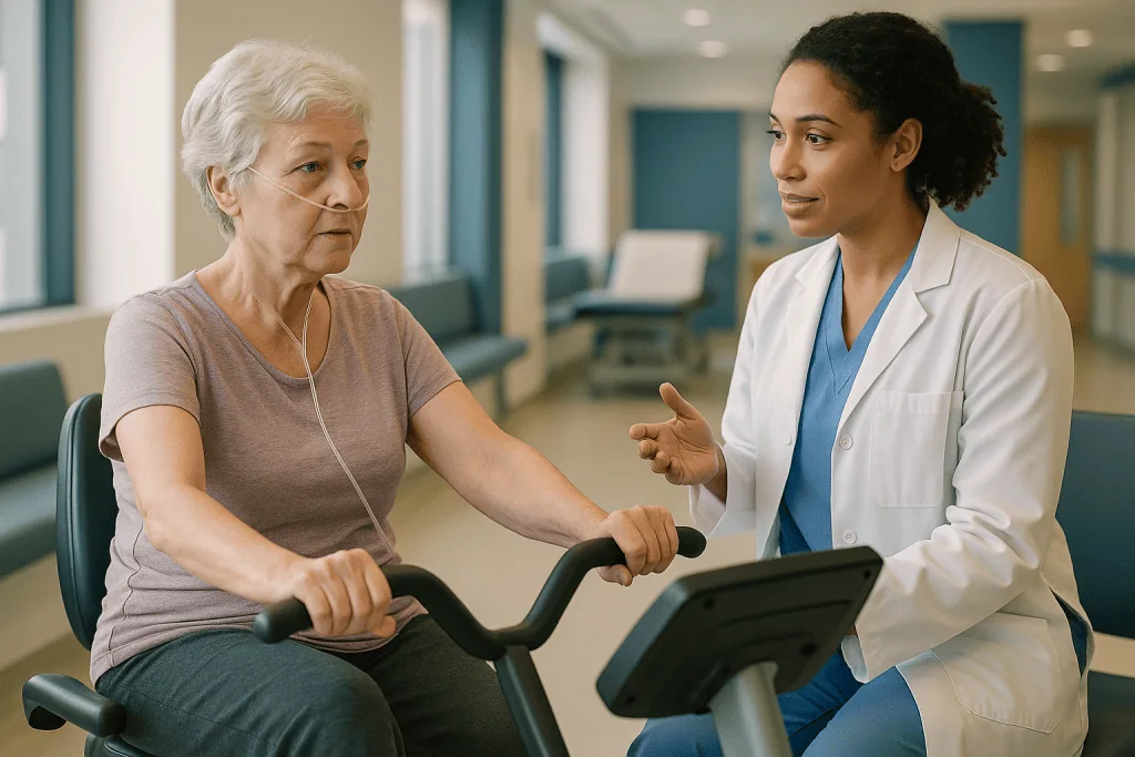 Doctor consulting elderly patient on stationary exercise bike: Pulmonary rehabilitation for emphysema: what a program involv