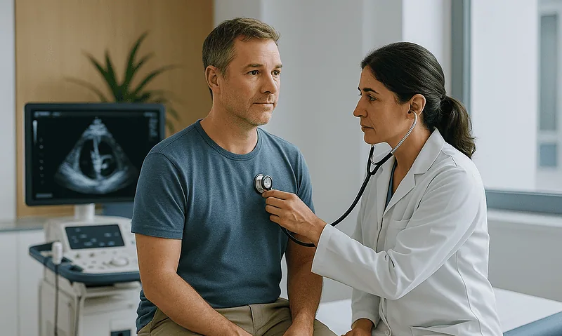 Doctor examining a patient with ultrasound in a hospital setting.