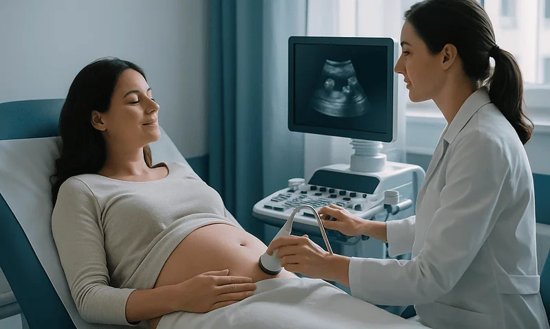 Pregnant woman having ultrasound at a hospital in a medical setting.