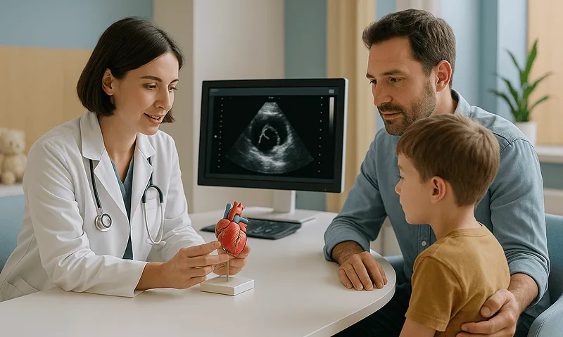 Pediatric consultation for pyloric stenosis with doctor and family in clinic.