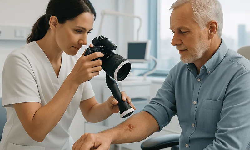 Doctor examining a patient's skin lesion with a camera in a clinical setting.