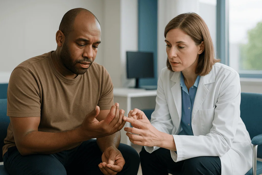 Doctor examining patient's hand during consultation: Pyogenic flexor tenosynovitis vs inflammatory tenosynovitis vs synoviti
