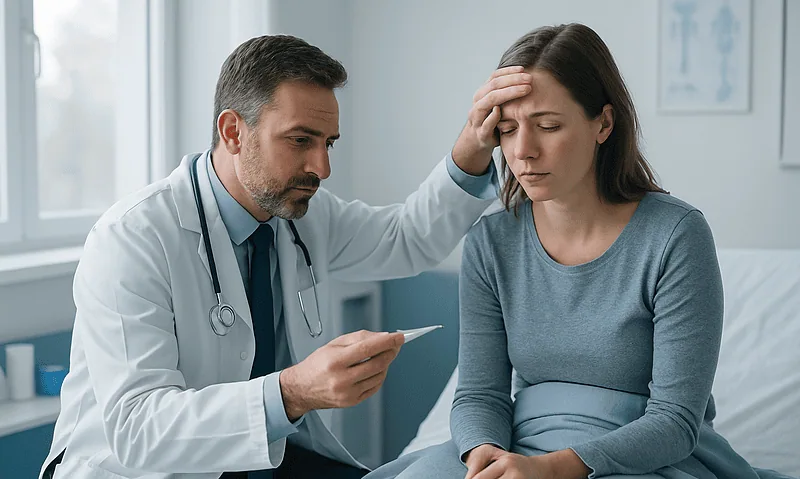 Doctor examining a woman with a thermometer and concern for fever.