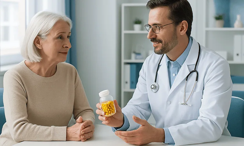 Doctor explaining medication to elderly woman in a medical consultation.
